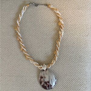 Beige and Cream Twisted Bead Necklace with Shell Pendant